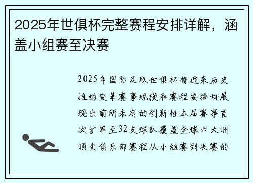 2025年世俱杯完整赛程安排详解，涵盖小组赛至决赛